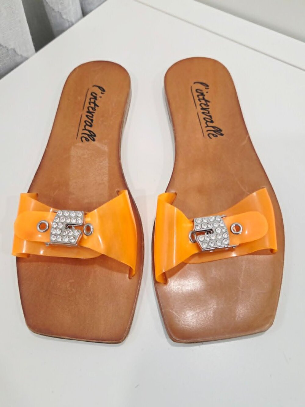 L’Intervalle Orange Jelly Bow Slide Sandals Rhinestone Buckle Size 38
